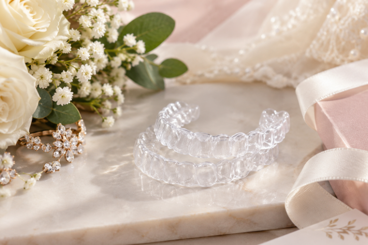 Clear aligners on a marble table with wedding flowers and ribbon