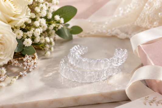 Clear aligners on a marble table with wedding flowers and ribbon