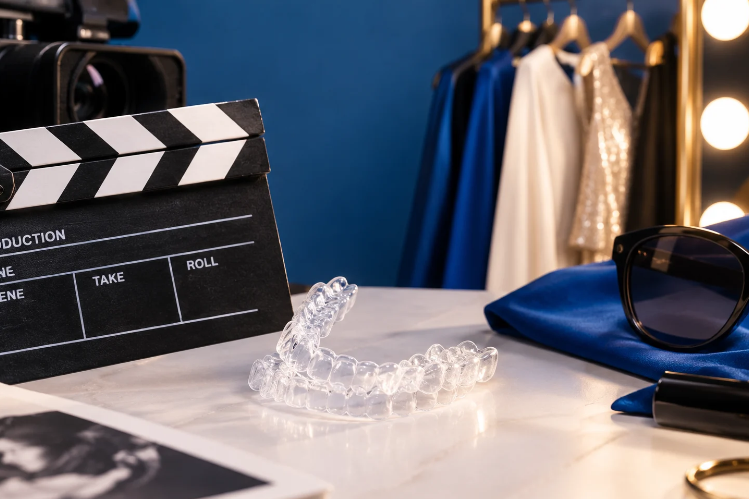 Clear aligners on a film set table beside a clapperboard and fashion rack