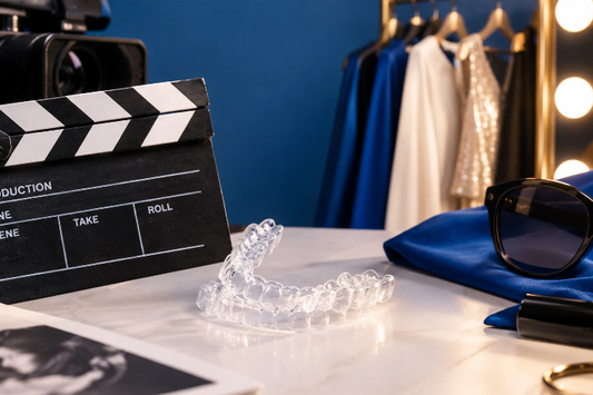 Clear aligners on a film set table beside a clapperboard and fashion rack