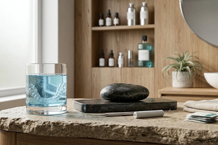 Clear aligners in a glass of water on a bathroom counter