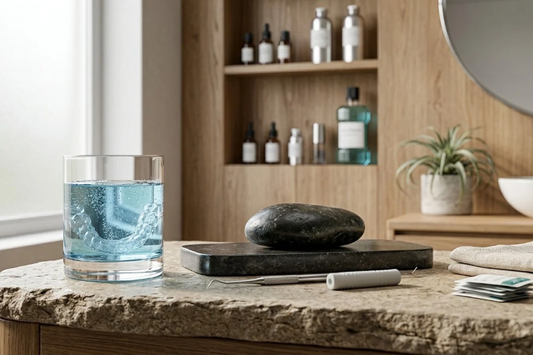 Clear aligners in a glass of water on a bathroom counter
