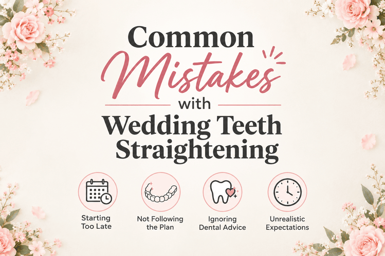 Floral graphic listing common mistakes with wedding teeth straightening