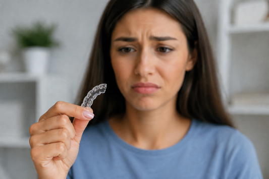 A girl holding a broken aligner