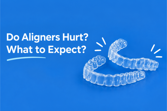 Clear aligners on a blue background asking if aligners hurt