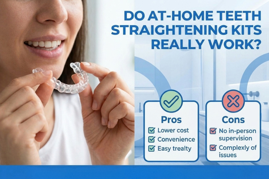 Woman holding a clear aligner beside pros and cons of at-home kits