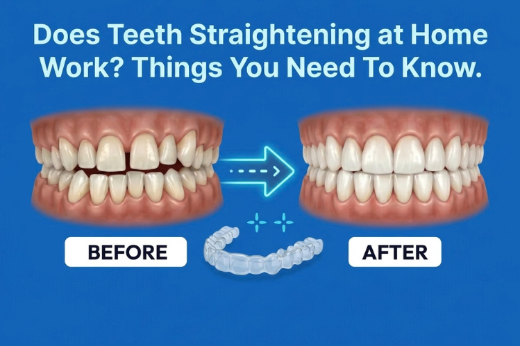 Before and after teeth straightening with a clear aligner in between