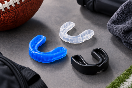 Blue, clear and black mouth guards beside a football and sports gear
