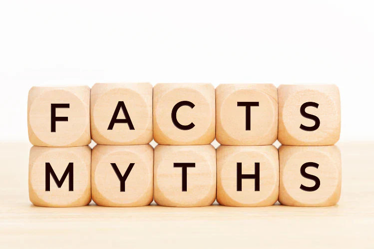 An image of dice, put together to spell out myth and fact
