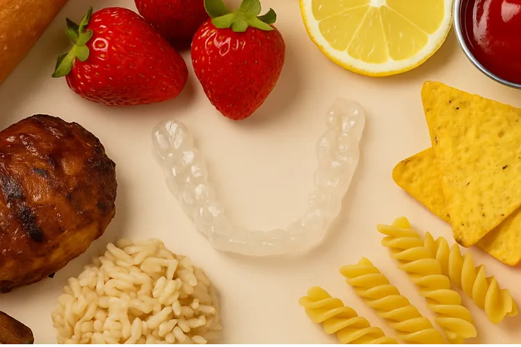  Clear aligners surrounded by different types of food 