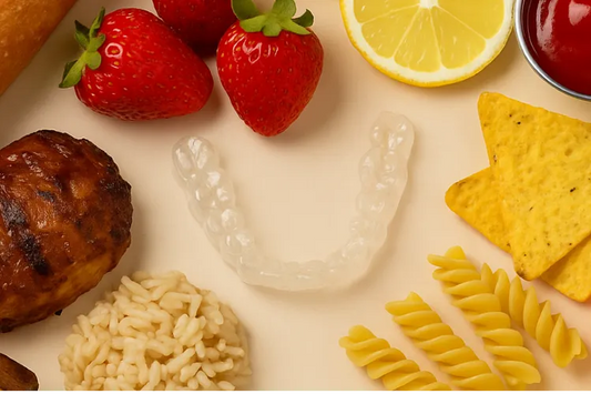  Clear aligners surrounded by different types of food 