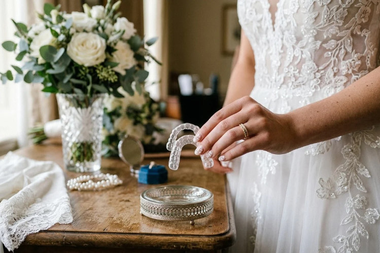 Bride in a white dress beside a table with clear retainers