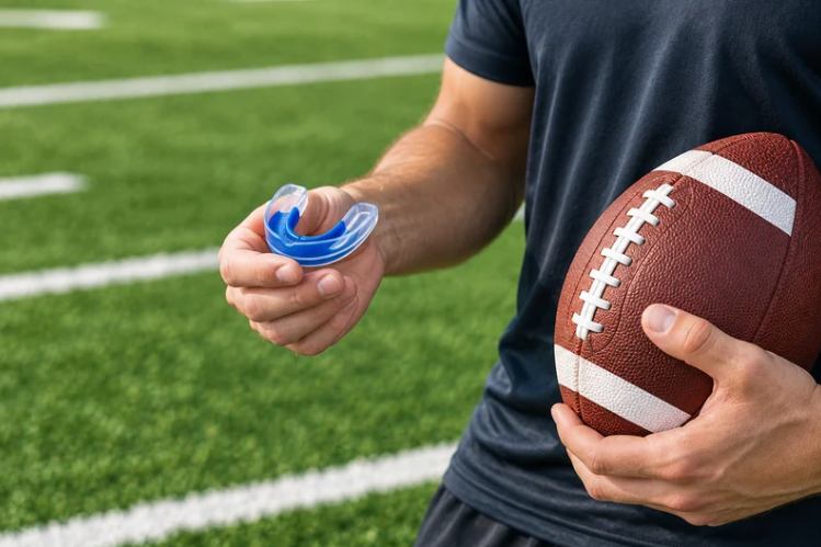 Football player holding a blue mouth guard and football on the field