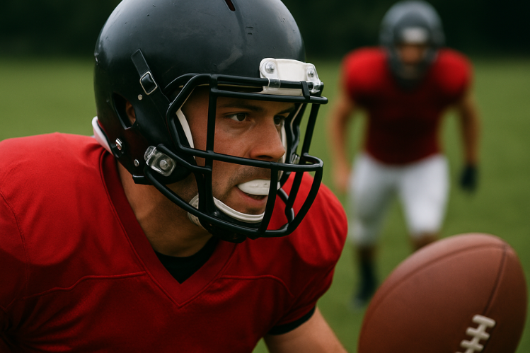 A player is playing football while wearing a football mouthguard and a helmet.