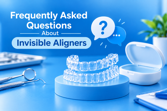 Clear aligners and case with a question mark for invisible aligner FAQs