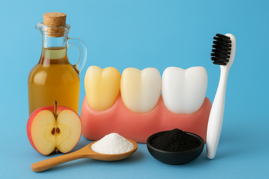 Transition of yellow to white teeth with DIY whitening, including oil, charcoal, and baking soda.