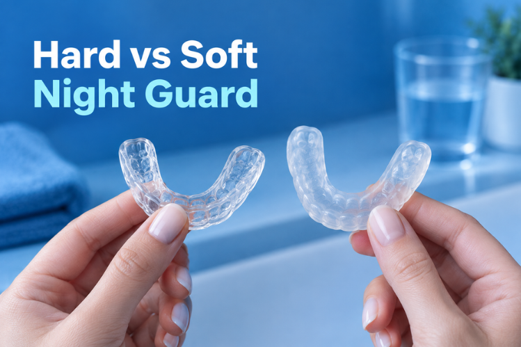 Hands holding a hard and a soft clear night guard side by side