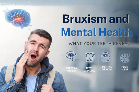 Man holding his jaw in pain on a bruxism and mental health banner