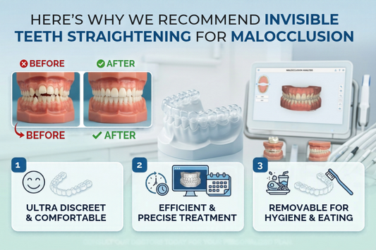 Infographic on invisible teeth straightening for malocclusion with before and after