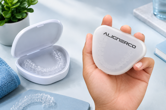 Hand holding an ALIGNERCO aligner case beside clear aligners on a counter