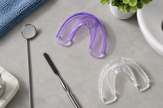 Purple and clear mouth guards beside dental tools on a counter