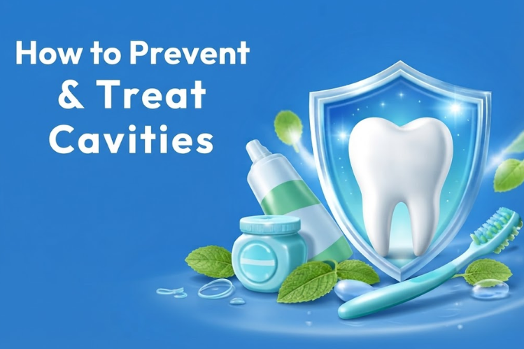 A shiny white tooth inside a blue protective shield, surrounded by toothbrush, toothpaste, and dental floss