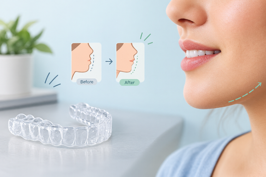 Smiling woman with clear aligners and facial profile sketches