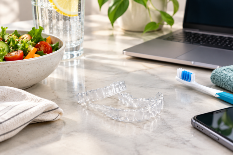 Clear aligners on a kitchen counter beside a meal and laptop