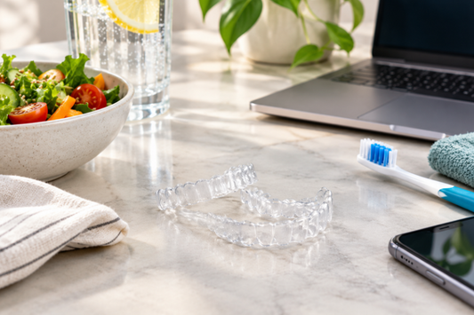 Clear aligners on a kitchen counter beside a meal and laptop