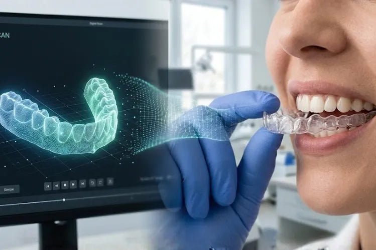 Digital teeth scan and custom retainer fitting process close-up. 