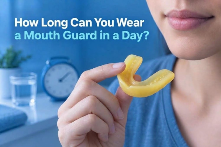 Woman holding a yellow mouth guard near her mouth
