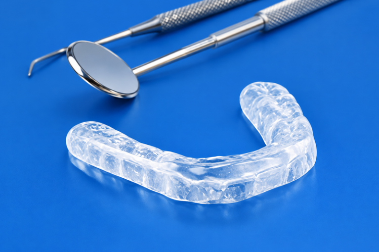 Clear soft night guard with dental tools on a blue background