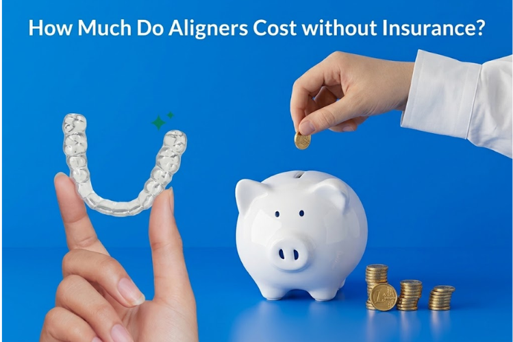 Clear aligner next to a piggy bank and coins showing aligner cost