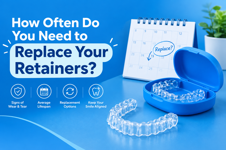 Hand holding transparent plastic teeth retainers for post-orthodontic care