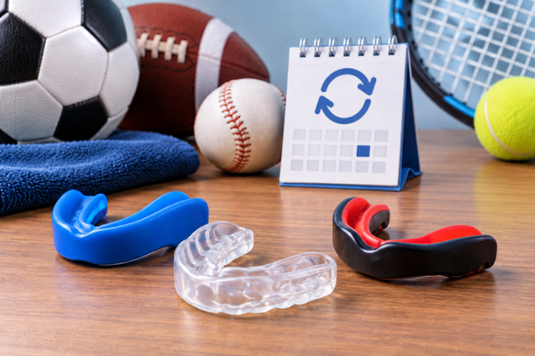 Mouth guards with sports balls and a replacement reminder calendar
