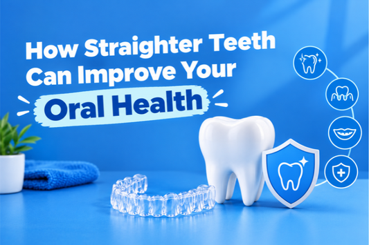 Tooth model with a shield beside clear aligners on a blue background