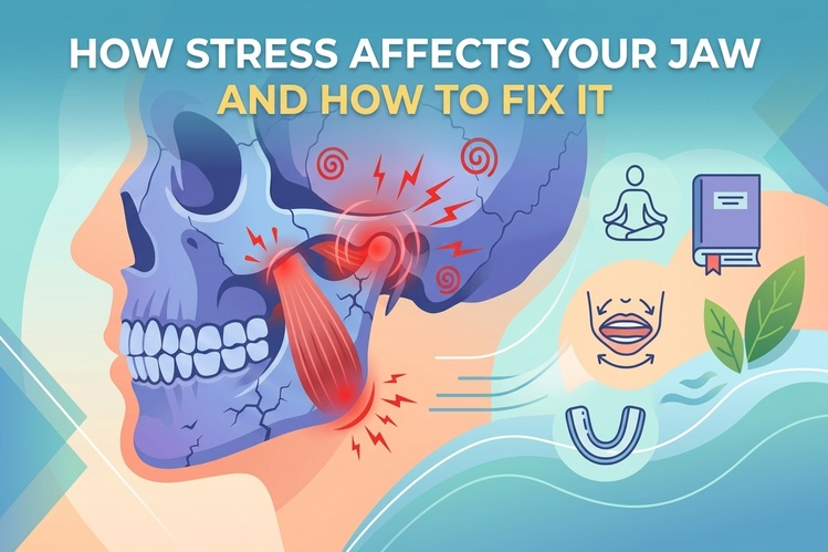 Illustration of a stressed jaw with tension points and relief tips