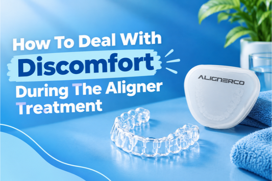 ALIGNERCO aligner case beside clear aligners and a folded blue towel