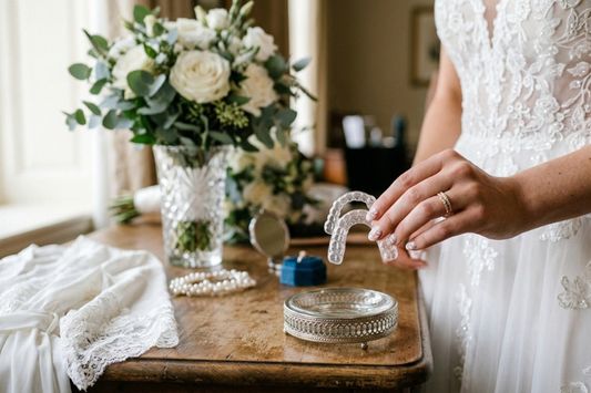 Bride placing a clear aligner into its case on wedding day