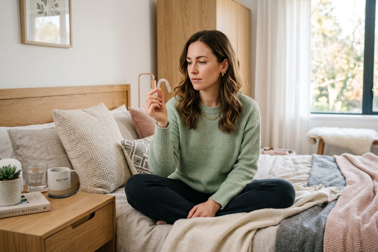A woman holding a retainer on a bed.