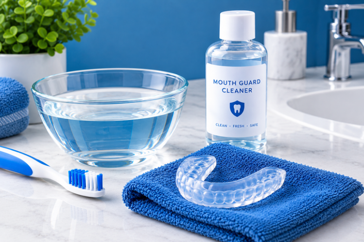 Clear mouth guard on a blue towel with cleaner, water bowl and toothbrush