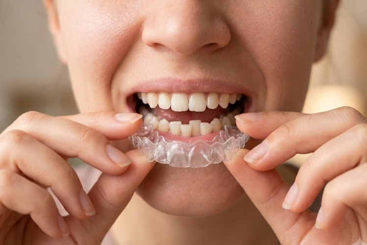 a woman with bottom crooked teeth holding aligners 