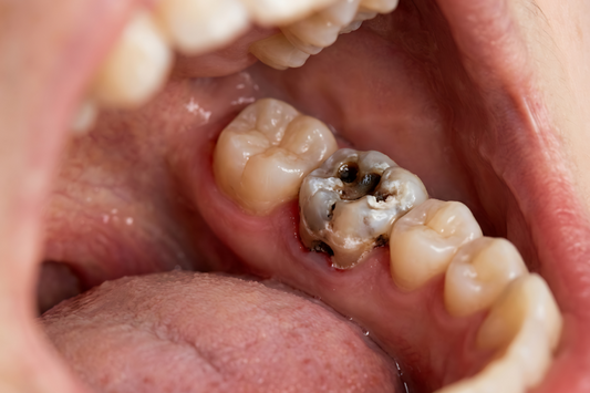 Close-up of a decayed molar with an amalgam filling in an open mouth
