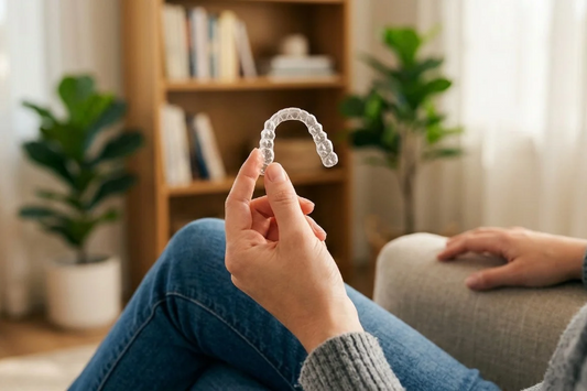 Man holding clear aligners while relaxing at home