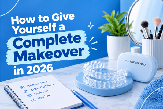 Clear aligners on a tray beside an ALIGNERCO case and makeover checklist