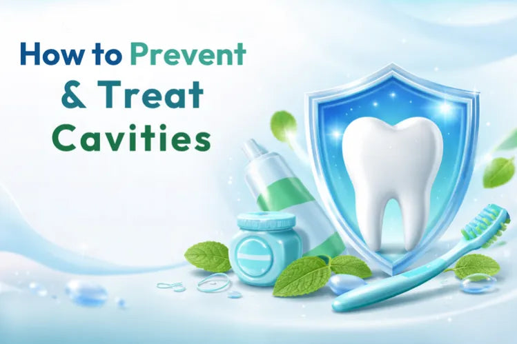 A shiny white tooth inside a blue protective shield, surrounded by toothbrush, toothpaste, and dental floss