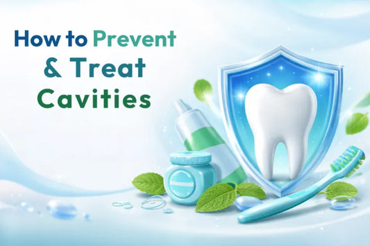 A shiny white tooth inside a blue protective shield, surrounded by toothbrush, toothpaste, and dental floss