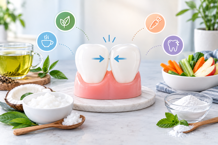 Tooth models with a gap surrounded by natural home remedies like coconut oil