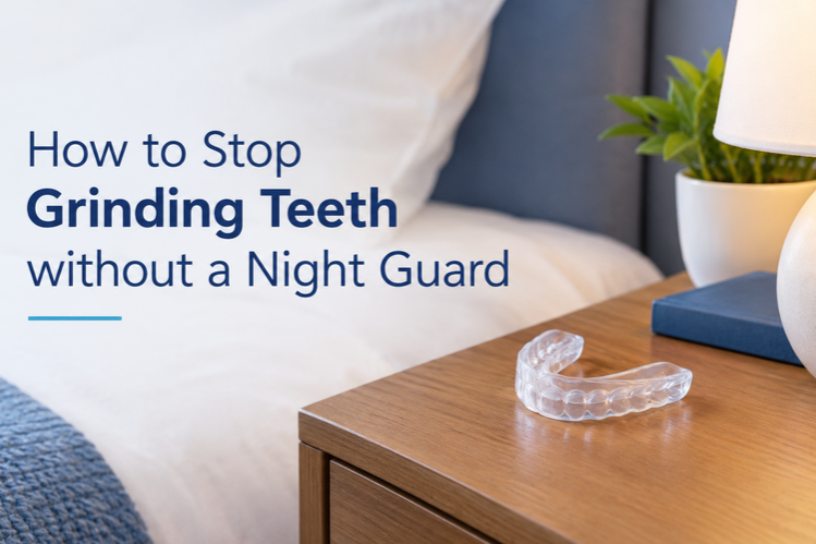 Clear dental guard on a bedside table in a calm bedroom