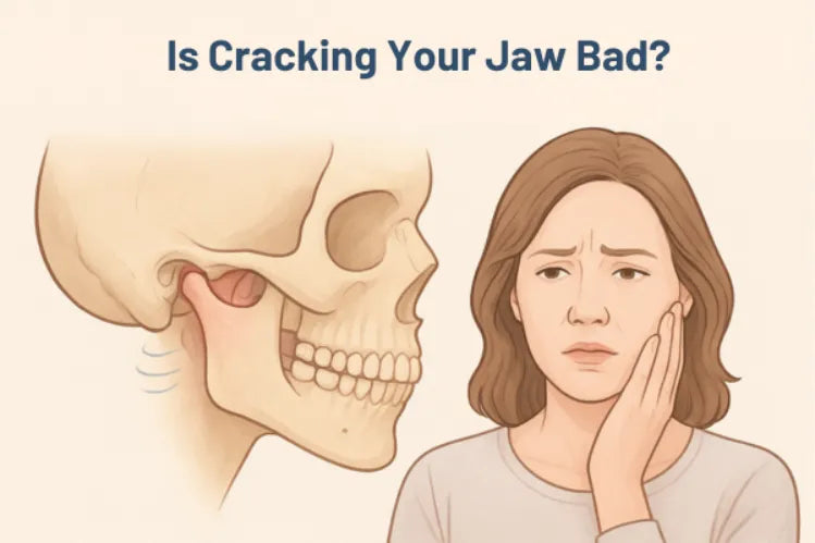 Human jaw illustration showing TMJ motion and popping, with a person holding their jaw.